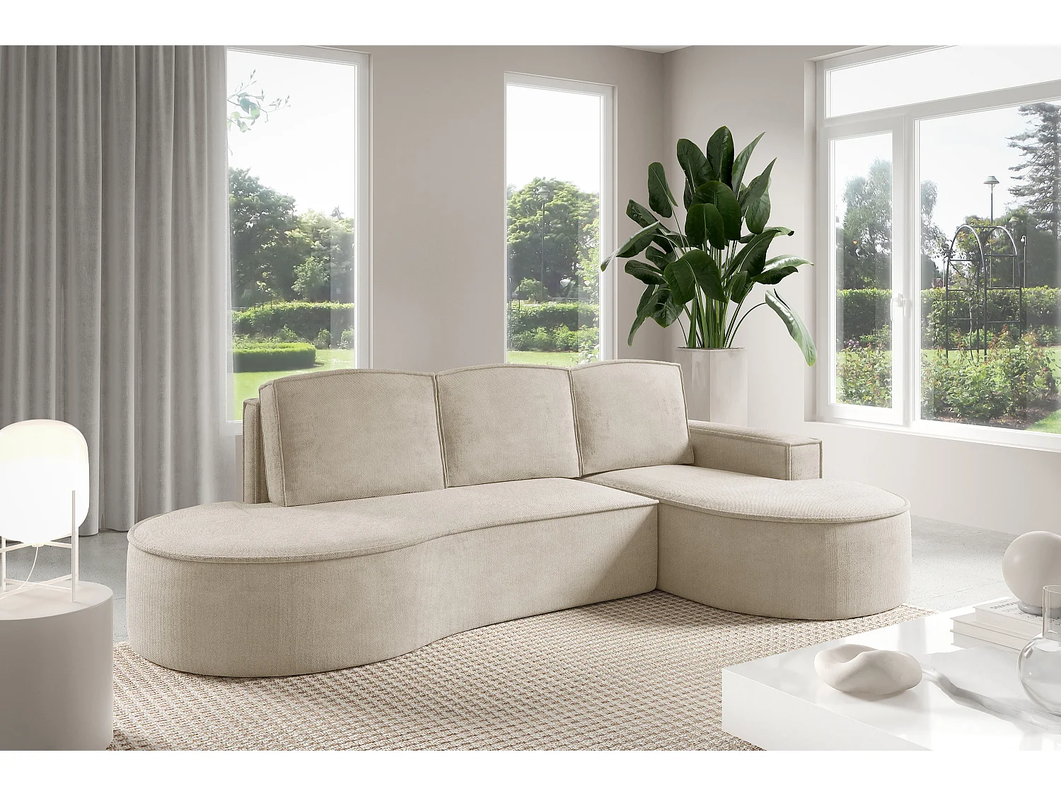 Canapé d'angle MOLLY avec couchage - Design arrondi, autoportant, 140x207 cm, 3 coussins, tissu Curio, 277x157x88 cm, côté droit beige