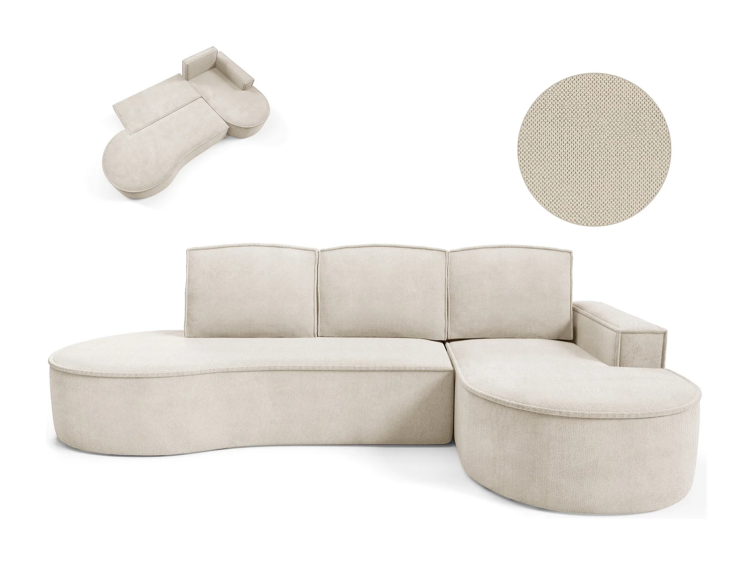 Canapé d'angle MOLLY avec couchage - Design arrondi, autoportant, 140x207 cm, 3 coussins, tissu Curio, 277x157x88 cm, côté droit beige