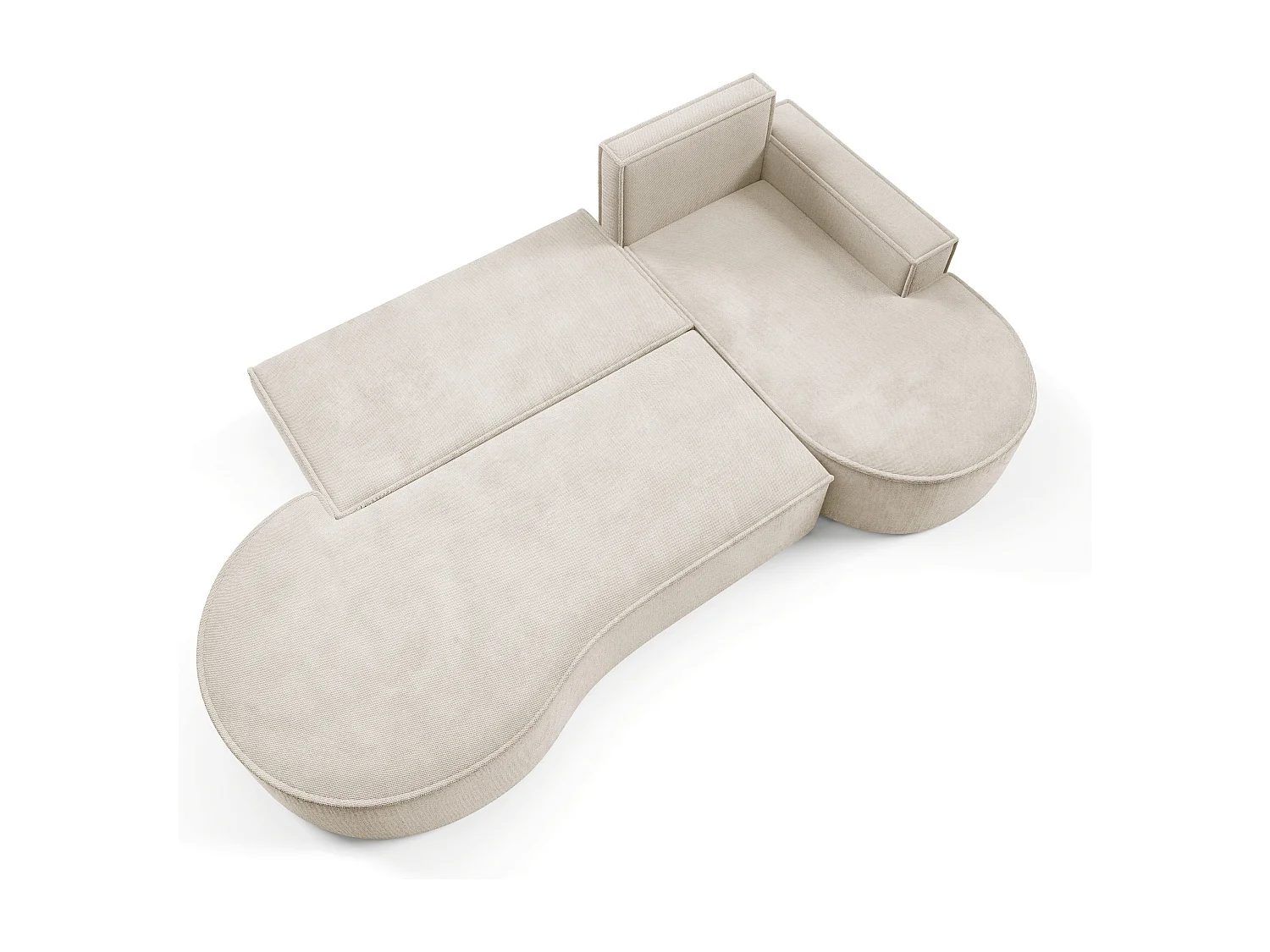 Canapé d'angle MOLLY avec couchage - Design arrondi, autoportant, 140x207 cm, 3 coussins, tissu Curio, 277x157x88 cm, côté droit beige
