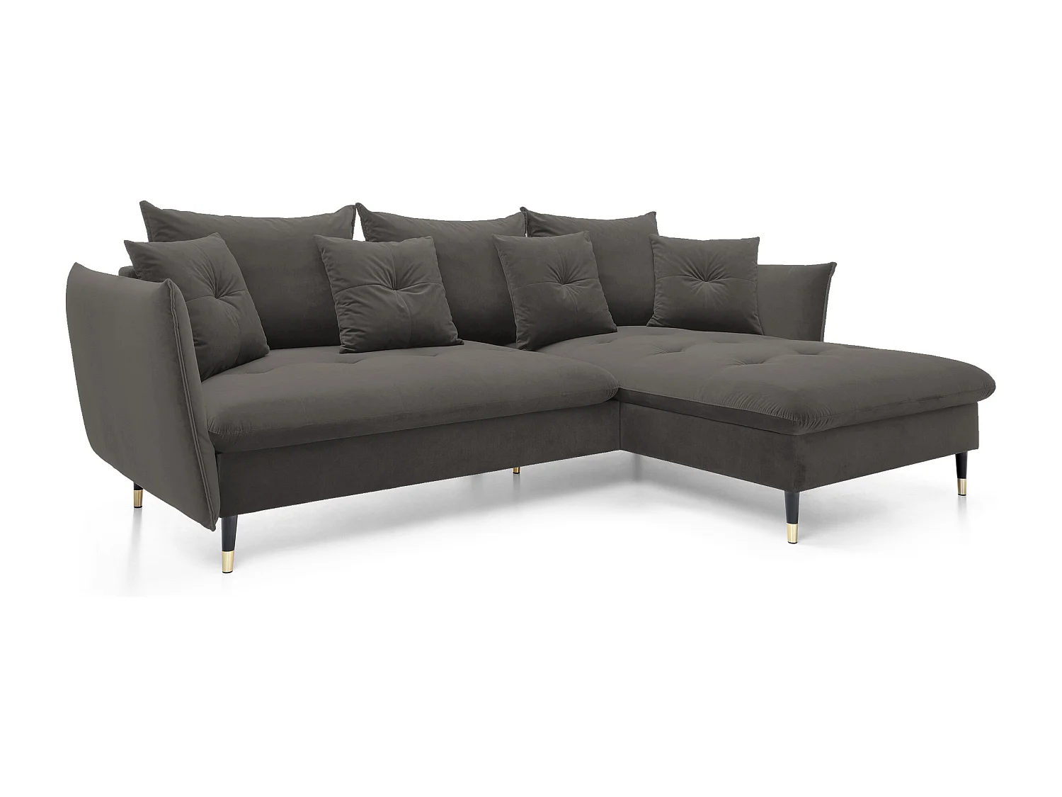 Ecksofa GLAM mit Schlaffunktion, Ottomane & goldenen Füßen – Samtsofa im Glamour-Stil mit Zierkissen, 258x167x91cm, Rechte Seite DUNKELGRAU