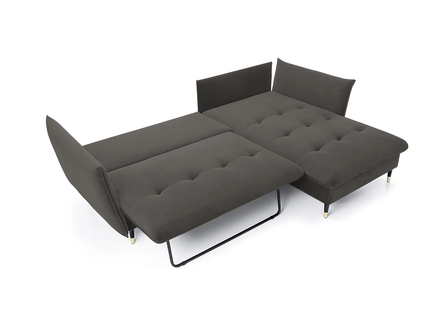Ecksofa GLAM mit Schlaffunktion, Ottomane & goldenen Füßen – Samtsofa im Glamour-Stil mit Zierkissen, 258x167x91cm, Rechte Seite DUNKELGRAU