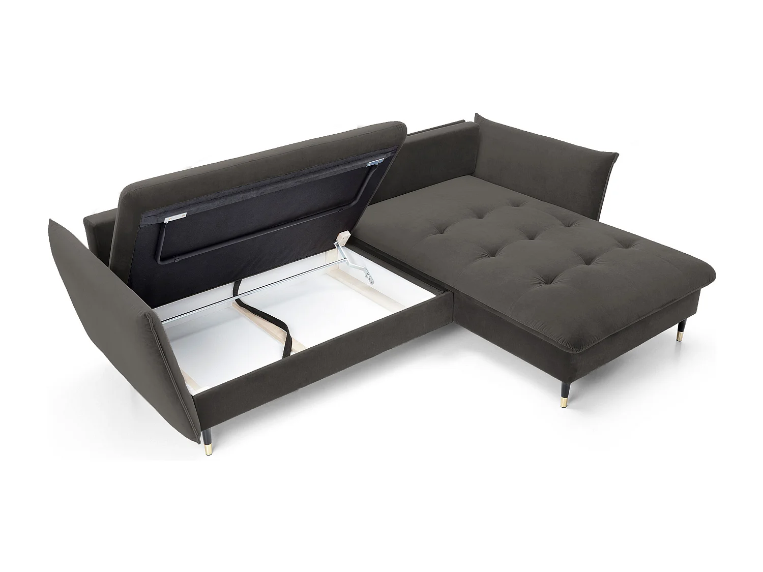 Canapé d'angle GLAM convertible, ottomane & pieds dorés – canapé en velours style glamour avec coussins déco, 258x167x91 cm, côté droit GRIS FONCÉ