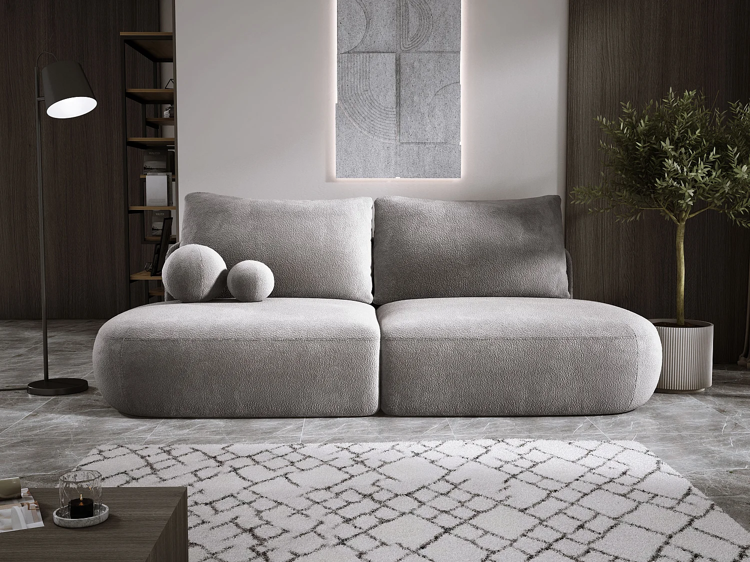 Canapé-lit moderne BABU avec coffre, fonction sommeil, DL-Automat, 2 coussins dossier, 2 coussins déco, 240x90x90 cm Gris