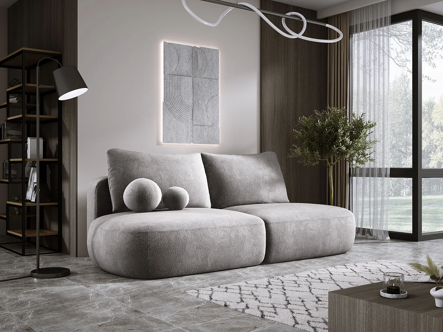 Canapé-lit moderne BABU avec coffre, fonction sommeil, DL-Automat, 2 coussins dossier, 2 coussins déco, 240x90x90 cm Gris