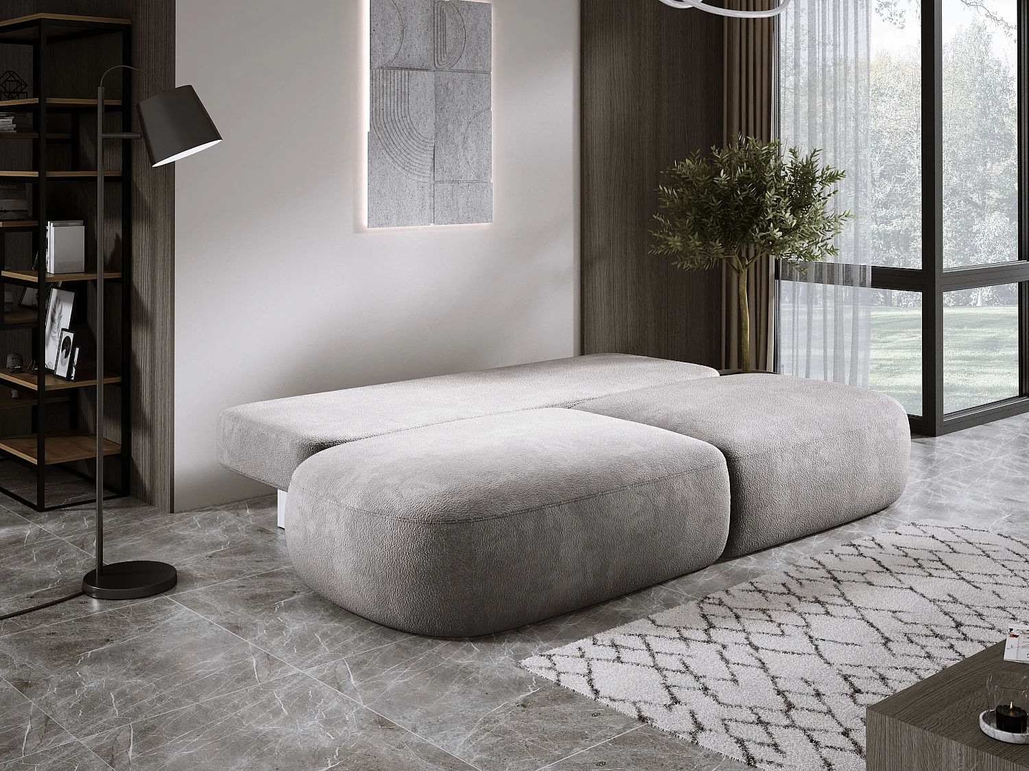 Canapé-lit moderne BABU avec coffre, fonction sommeil, DL-Automat, 2 coussins dossier, 2 coussins déco, 240x90x90 cm Gris