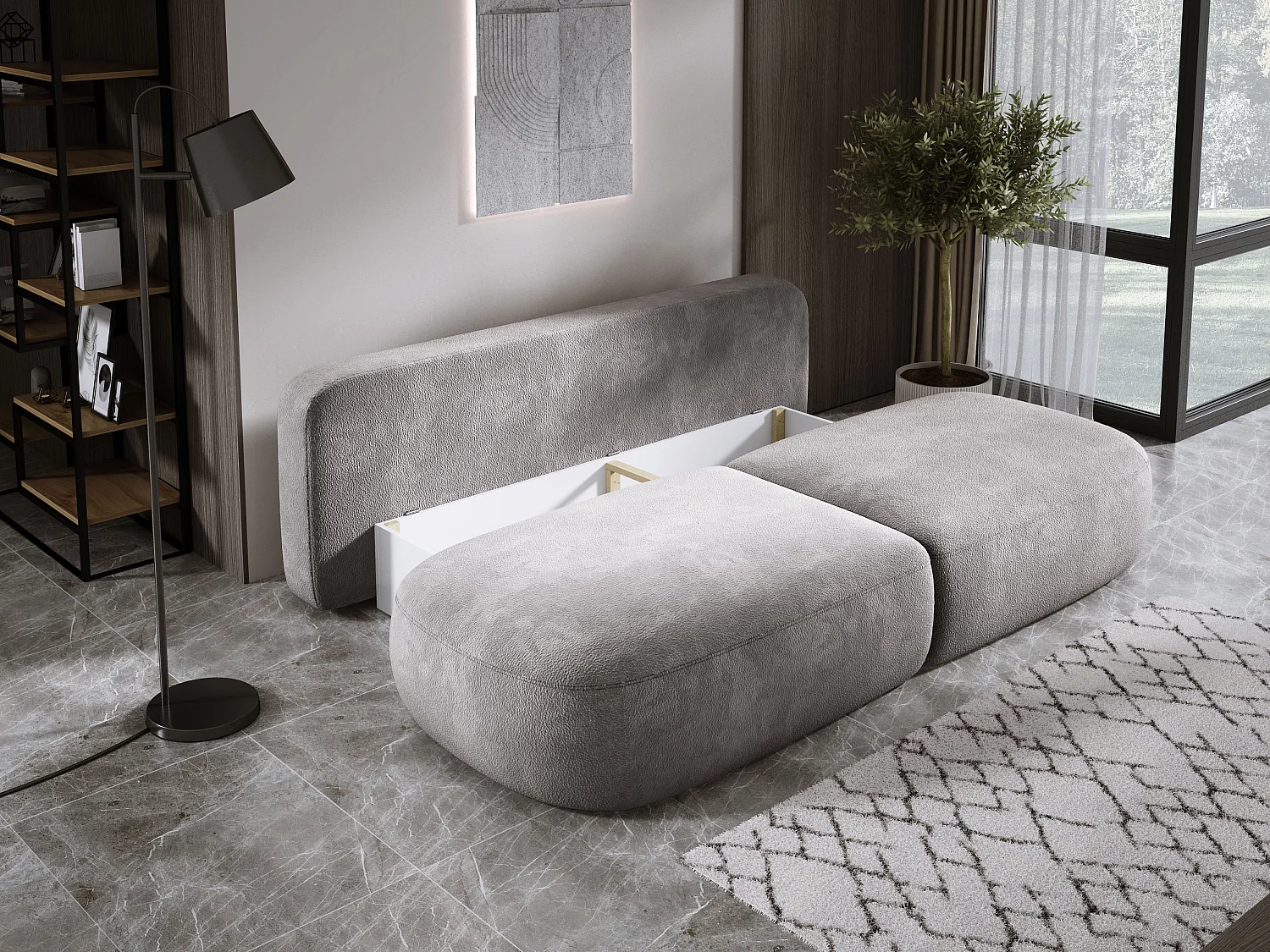 Canapé-lit moderne BABU avec coffre, fonction sommeil, DL-Automat, 2 coussins dossier, 2 coussins déco, 240x90x90 cm Gris