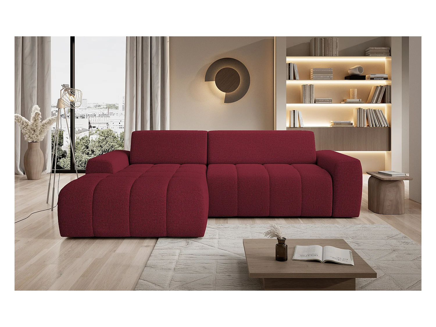 Canapé d'angle Savio indépendant, tissu Kansas résistant, dim. 265x172x81cm, couchage 206x92cm, côté gauche, cerisier