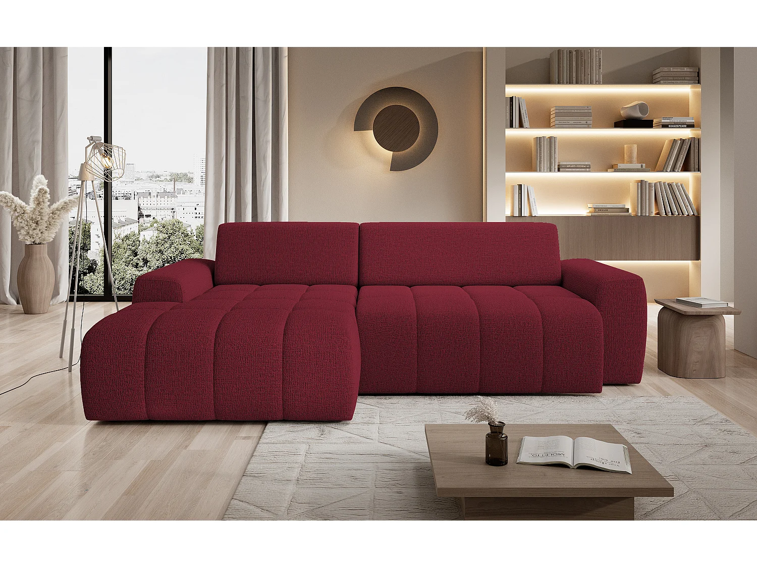 Canapé d'angle Savio indépendant, tissu Kansas résistant, dim. 265x172x81cm, couchage 206x92cm, côté gauche, cerisier