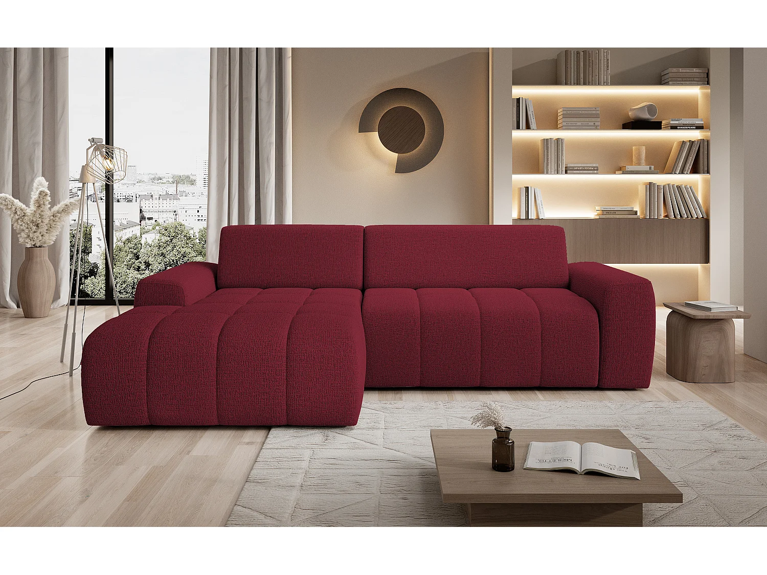 Canapé d'angle Savio indépendant, tissu Kansas résistant, dim. 265x172x81cm, couchage 206x92cm, côté gauche, cerisier