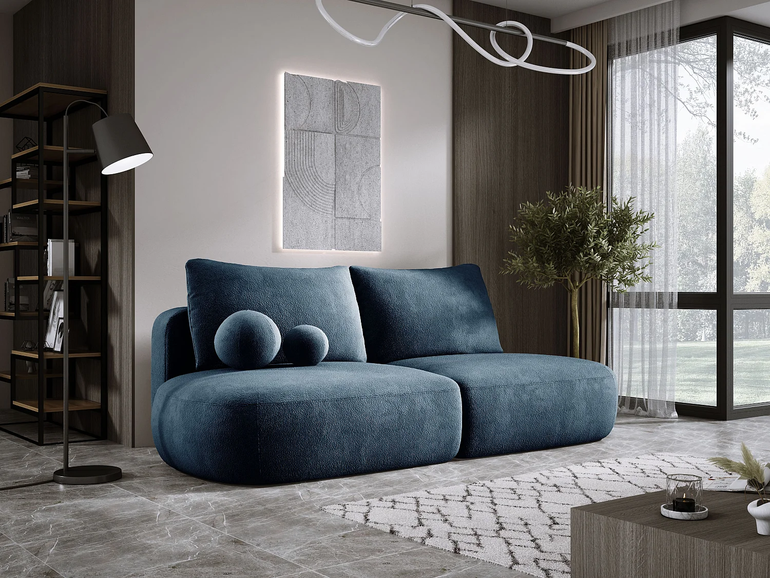 Canapé-lit moderne BABU avec coffre, fonction sommeil, DL-Automat, 2 coussins dossier, 2 coussins déco, 240x90x90 cm Bleu