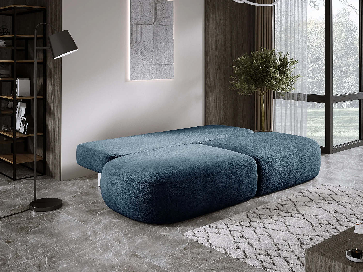 Canapé-lit moderne BABU avec coffre, fonction sommeil, DL-Automat, 2 coussins dossier, 2 coussins déco, 240x90x90 cm Bleu