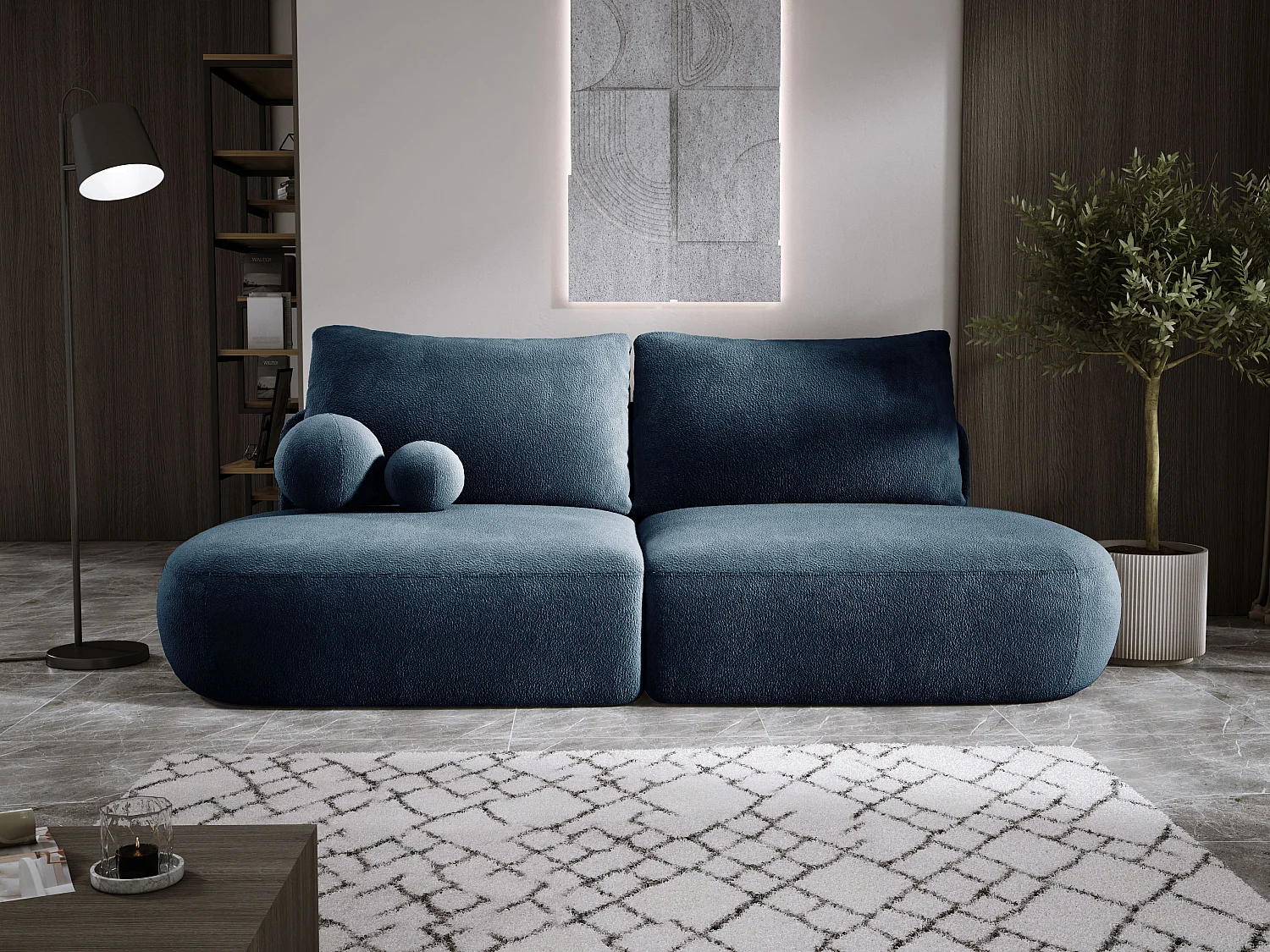 Canapé-lit moderne BABU avec coffre, fonction sommeil, DL-Automat, 2 coussins dossier, 2 coussins déco, 240x90x90 cm Bleu
