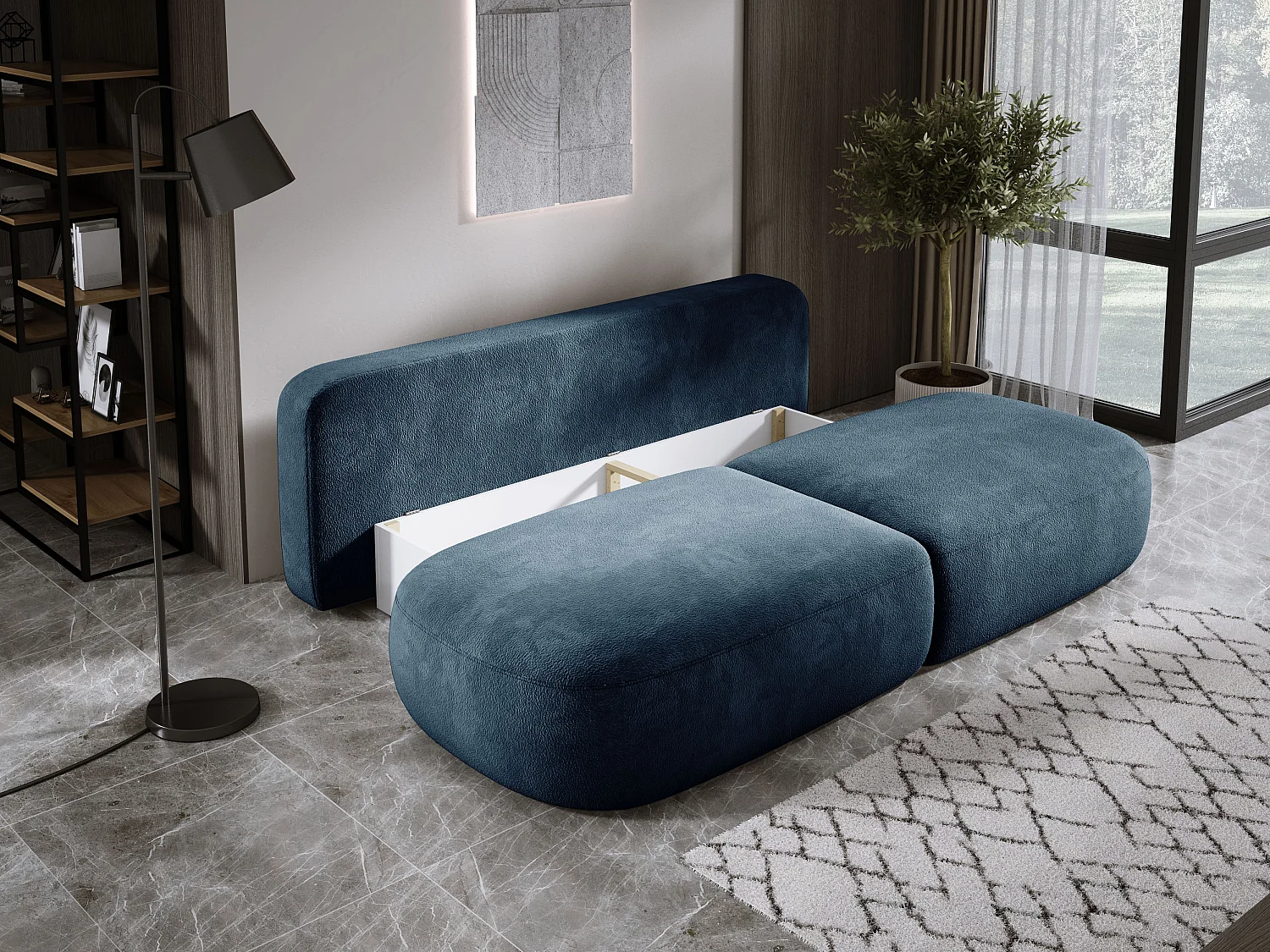 Canapé-lit moderne BABU avec coffre, fonction sommeil, DL-Automat, 2 coussins dossier, 2 coussins déco, 240x90x90 cm Bleu