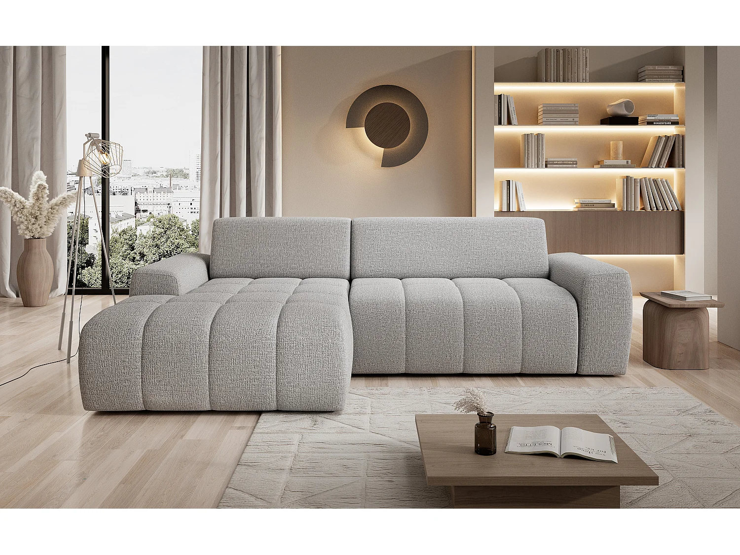 Canapé d'angle Savio indépendant, tissu Kansas résistant, dim. 265x172x81cm, couchage 206x92cm, côté gauche, frêne