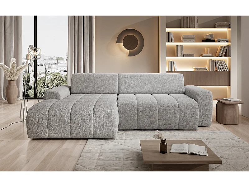 Canapé d'angle Savio indépendant, tissu Kansas résistant, dim. 265x172x81cm, couchage 206x92cm, côté gauche, frêne