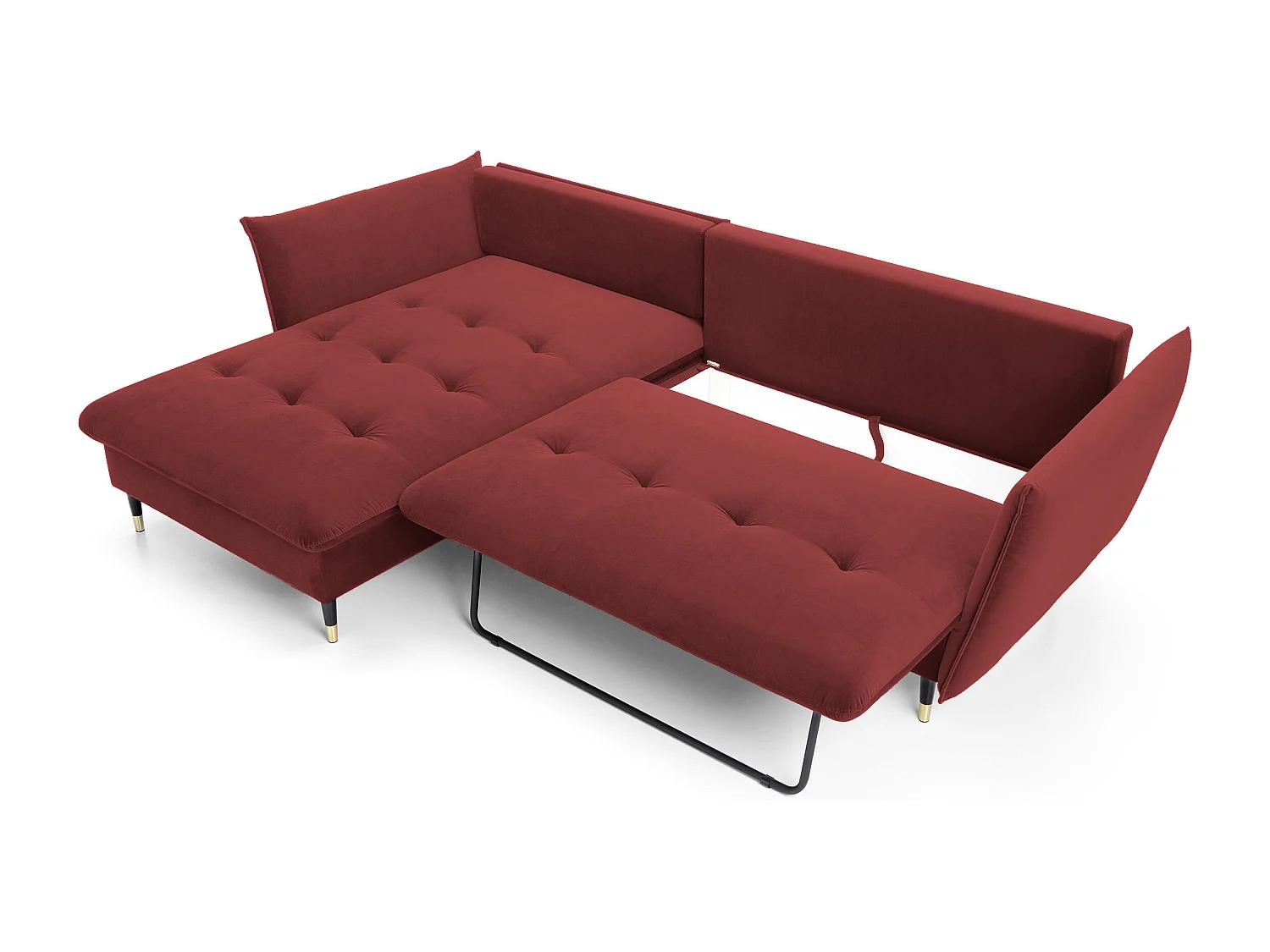 Canapé d'angle GLAM convertible, ottomane & pieds dorés – canapé en velours style glamour avec coussins déco, 258x167x91 cm, côté gauche BORDEAUX