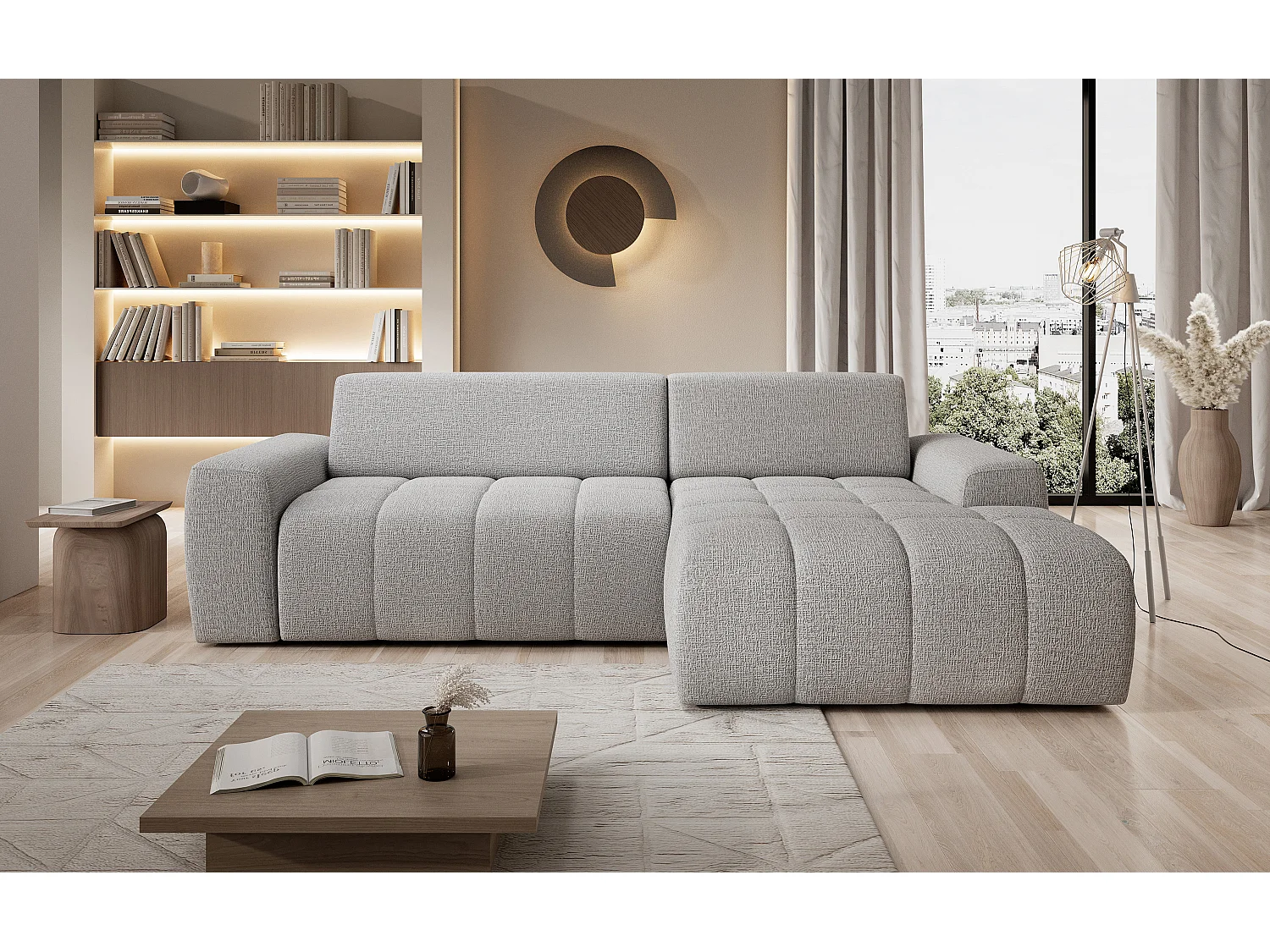 Hoekbank Savio Vrijstaand, Slijtvast Kansas-stof, Afm. 265x172x81cm, Uitschuifbaar Zitvlak 206x92cm, Rechterkant, Es