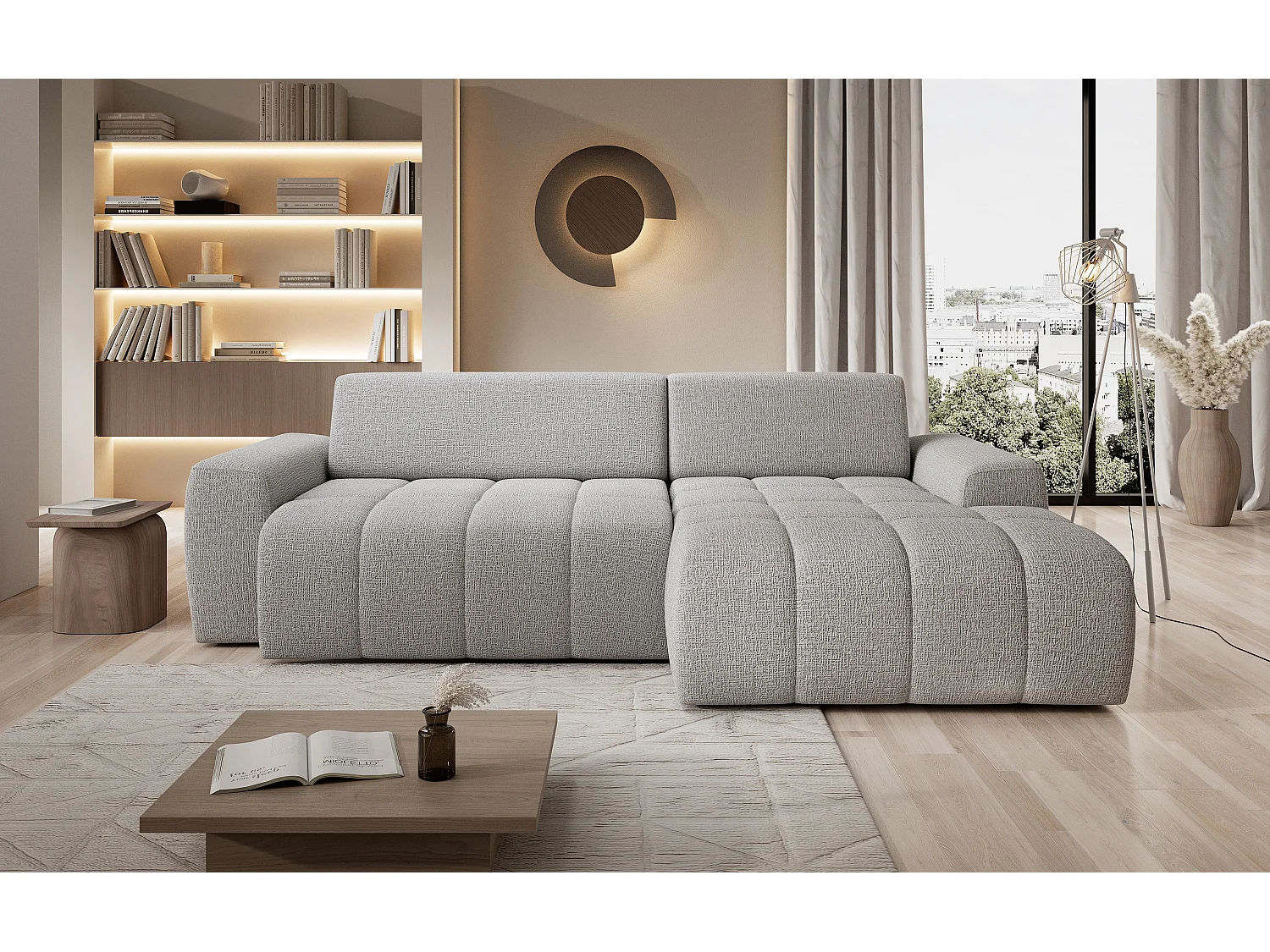 Canapé d'angle Savio indépendant, tissu Kansas résistant, dim. 265x172x81cm, couchage 206x92cm, côté droit, frêne