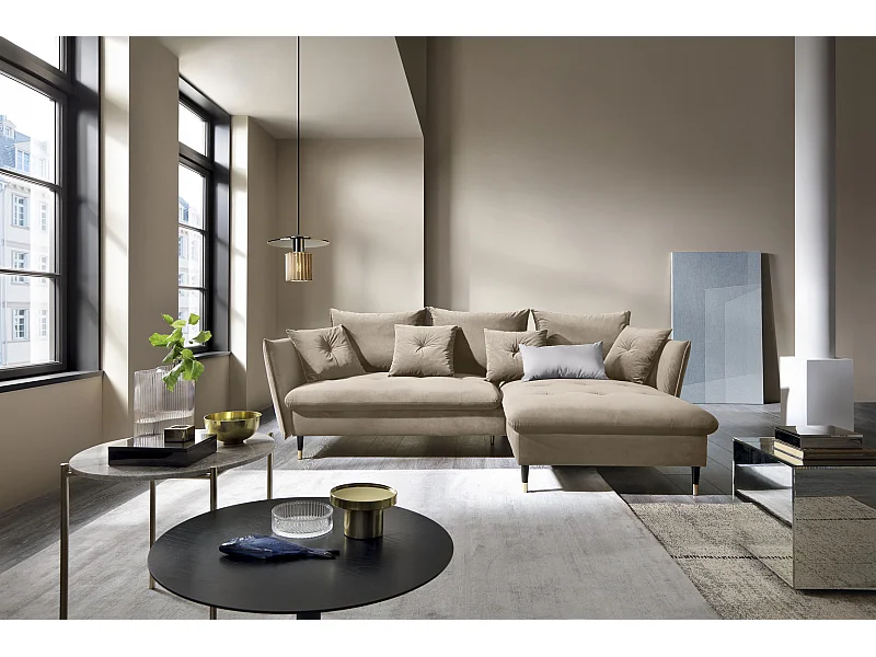 Canapé d'angle GLAM convertible, ottomane & pieds dorés – canapé en velours style glamour avec coussins déco, 258x167x91 cm, côté droit BEIGE