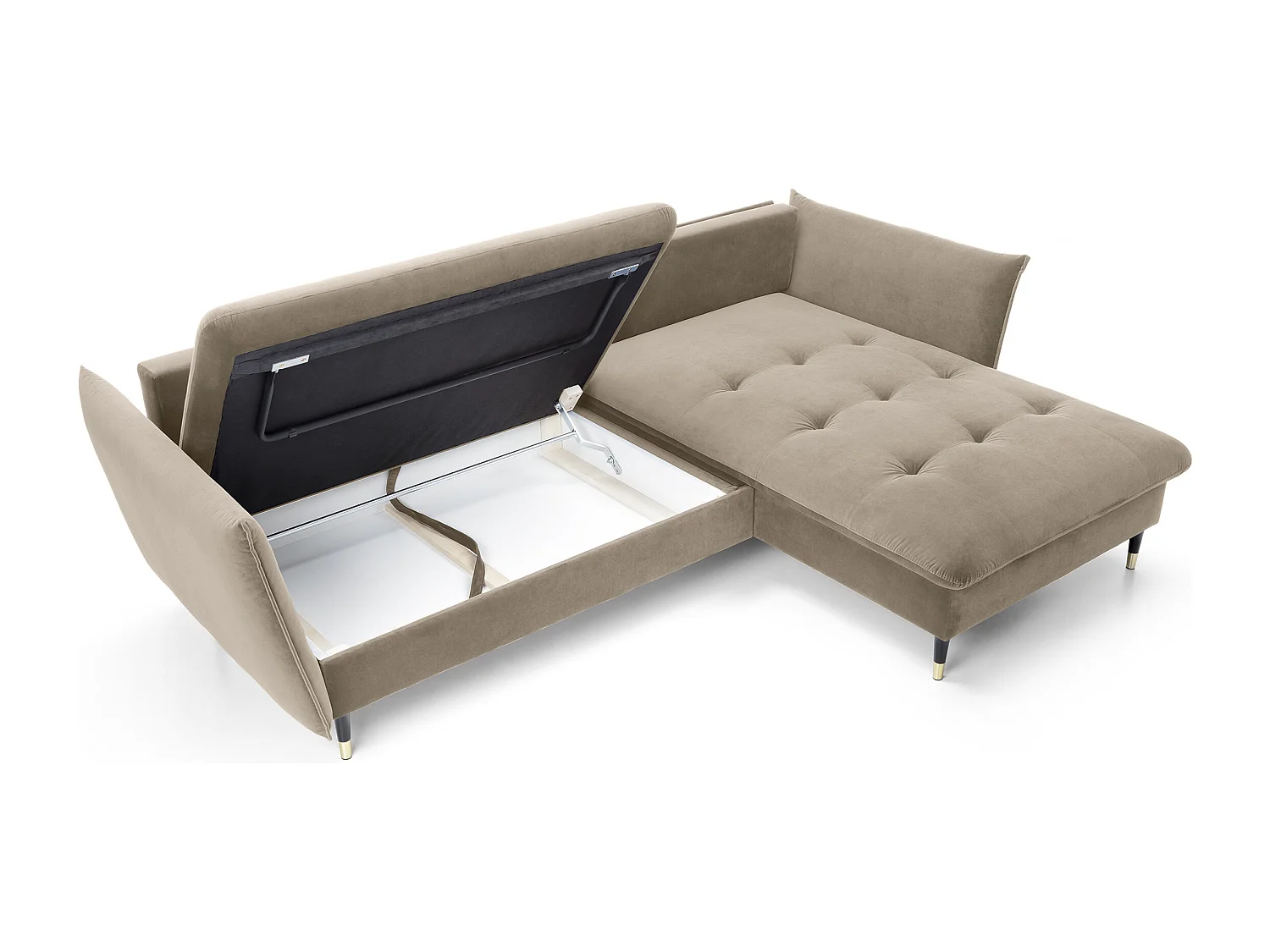 Narożnik GLAM z funkcją spania, otomana, złote nogi, welur, styl glamour, poduszki, 258x167x91cm, prawa strona beżowy