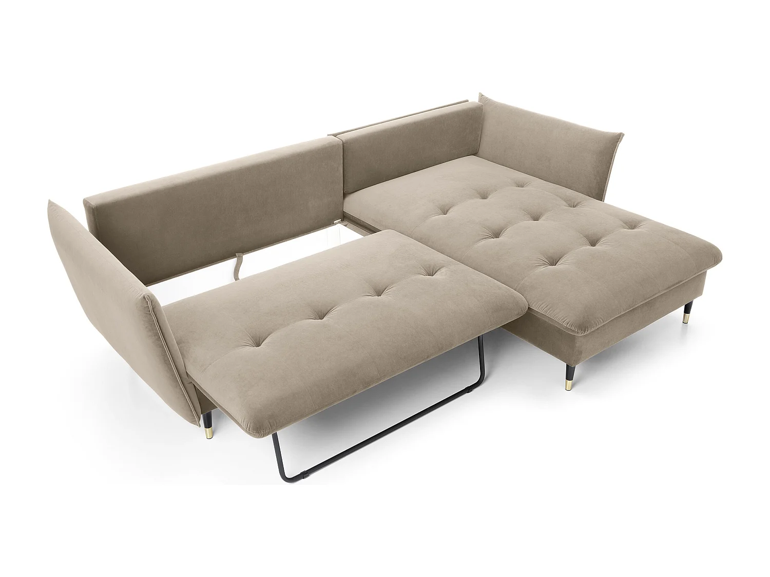 Narożnik GLAM z funkcją spania, otomana, złote nogi, welur, styl glamour, poduszki, 258x167x91cm, prawa strona beżowy