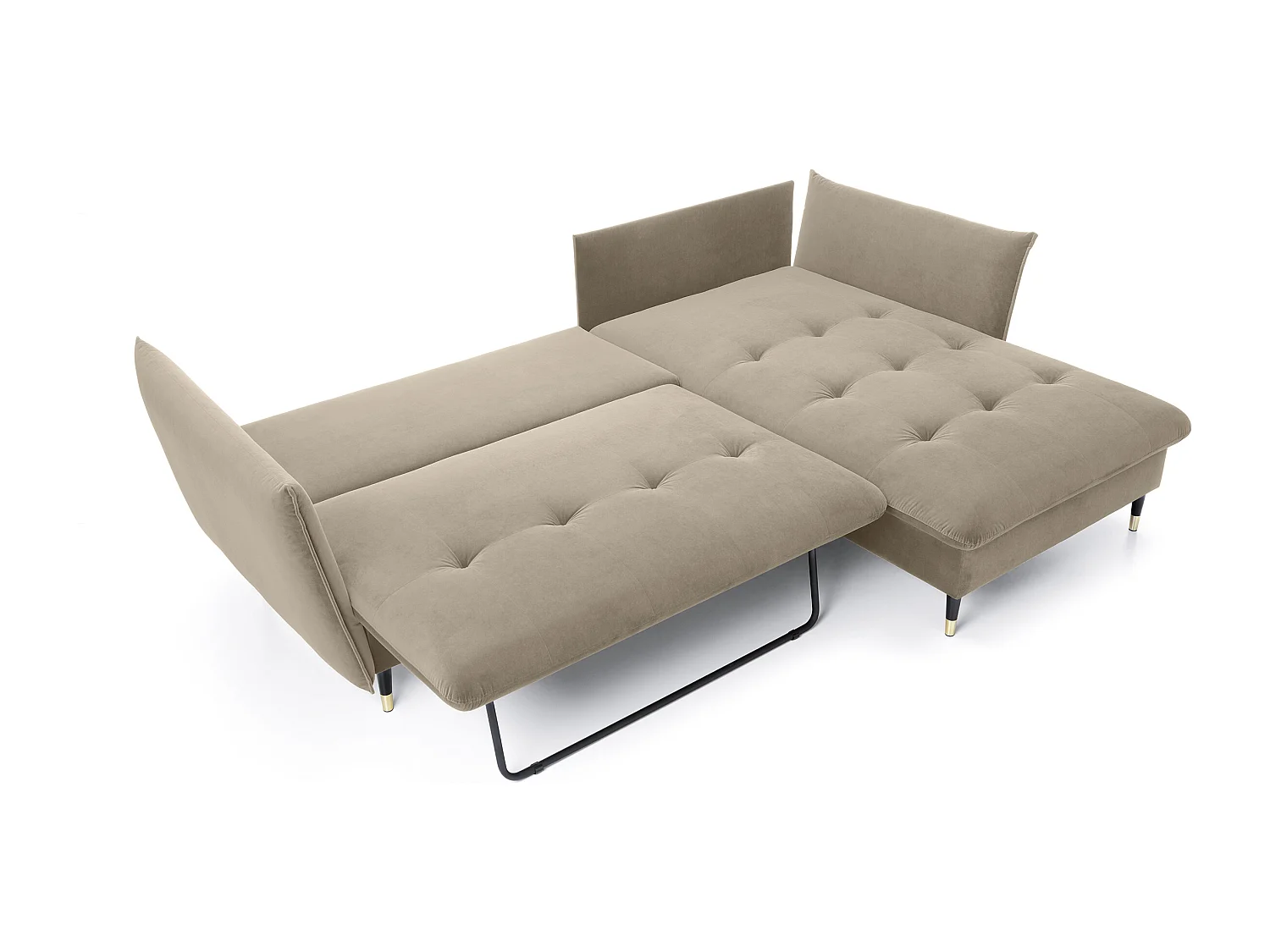 Canapé d'angle GLAM convertible, ottomane & pieds dorés – canapé en velours style glamour avec coussins déco, 258x167x91 cm, côté droit BEIGE