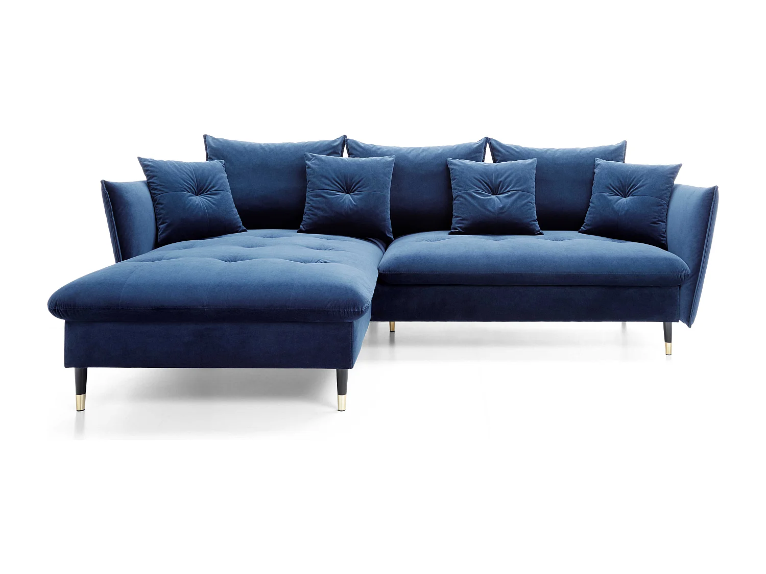 Ecksofa GLAM mit Schlaffunktion, Ottomane & goldenen Füßen – Samtsofa im Glamour-Stil mit Zierkissen, 258x167x91cm, Linke Seite BLAU
