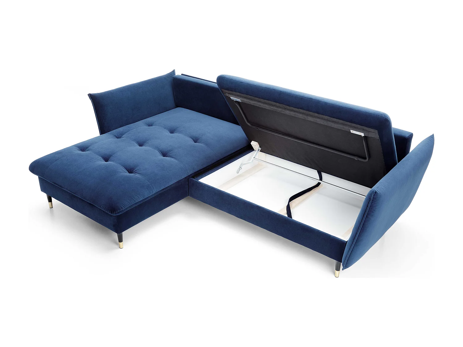 Ecksofa GLAM mit Schlaffunktion, Ottomane & goldenen Füßen – Samtsofa im Glamour-Stil mit Zierkissen, 258x167x91cm, Linke Seite BLAU