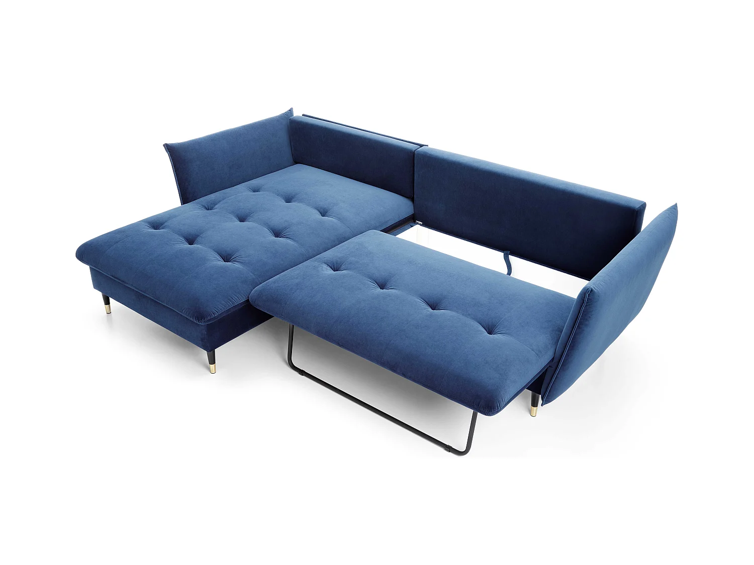 Canapé d'angle GLAM convertible, ottomane & pieds dorés – canapé en velours style glamour avec coussins déco, 258x167x91 cm, côté gauche BLEU