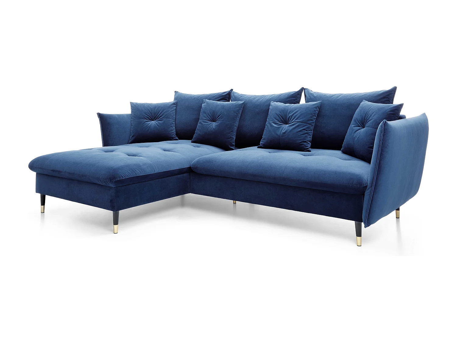 Canapé d'angle GLAM convertible, ottomane & pieds dorés – canapé en velours style glamour avec coussins déco, 258x167x91 cm, côté gauche BLEU