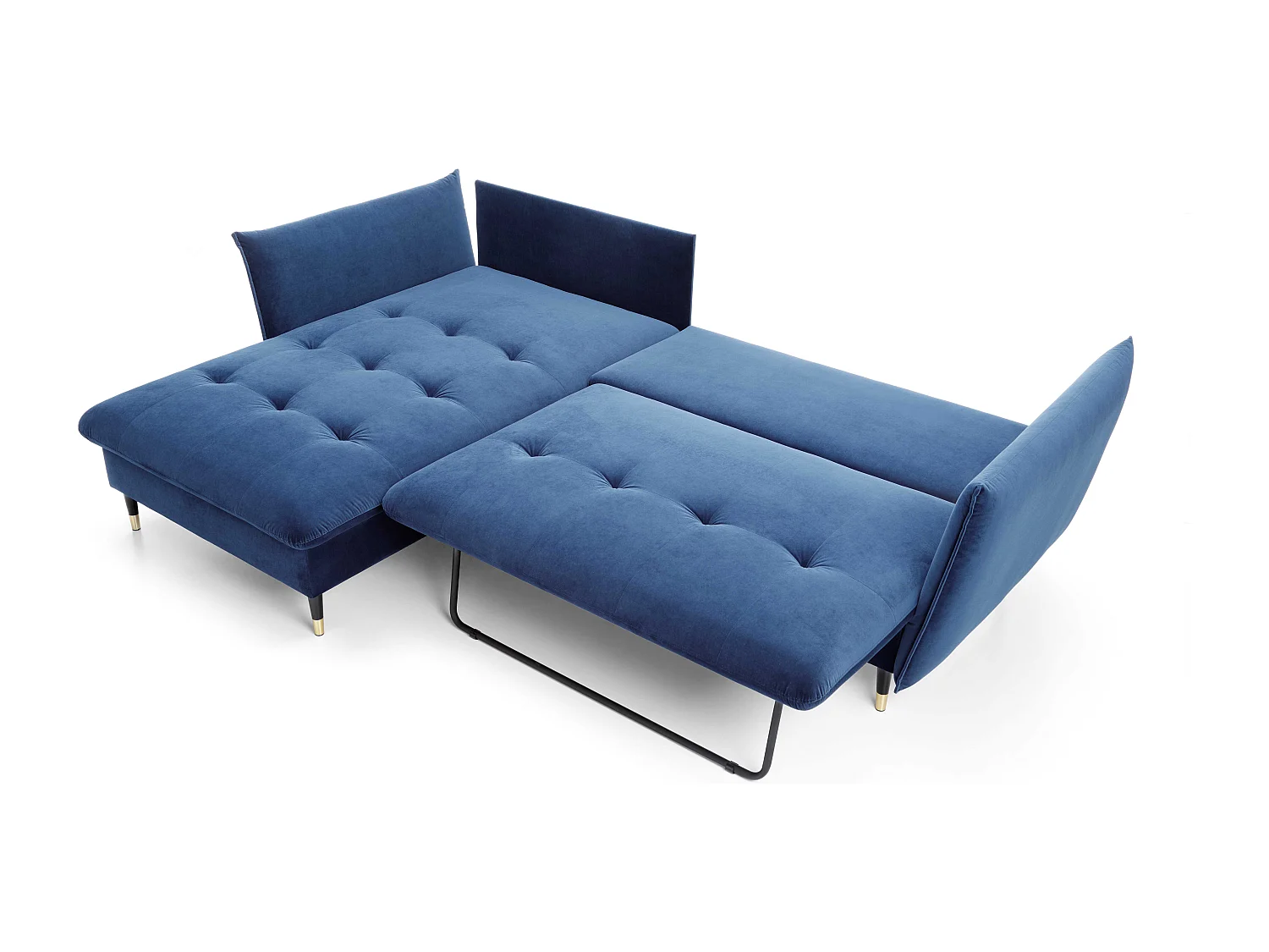 Canapé d'angle GLAM convertible, ottomane & pieds dorés – canapé en velours style glamour avec coussins déco, 258x167x91 cm, côté gauche BLEU