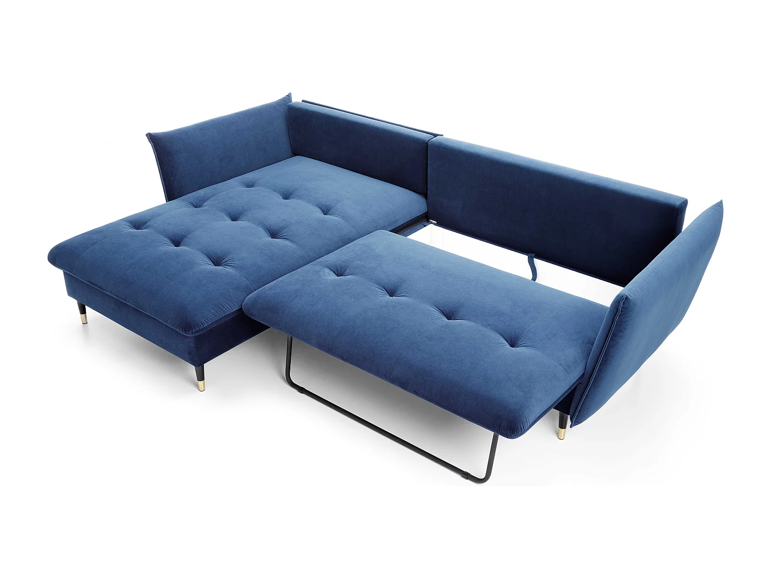 Canapé d'angle GLAM convertible, ottomane & pieds dorés – canapé en velours style glamour avec coussins déco, 258x167x91 cm, côté gauche BLEU