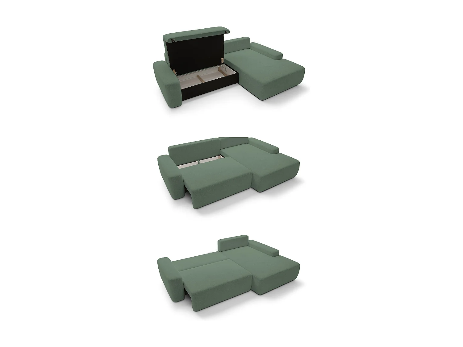 Canapé d’angle BOULI 4 places Raven, couchage 130x210cm, coffre, 264x162x82cm, droite vert