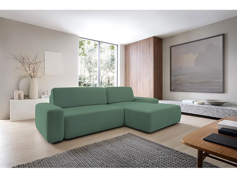 BOULI 4-zitsbank met Raven-stof, slaapfunctie 130x210cm, lichtbestendig, vrijstaand, opbergruimte, 264x162x82cm, rechter groen