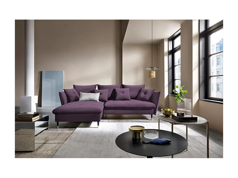 Narożnik GLAM z funkcją spania, otomana, złote nogi, welur, styl glamour, poduszki, 258x167x91cm, lewa strona fioletowy