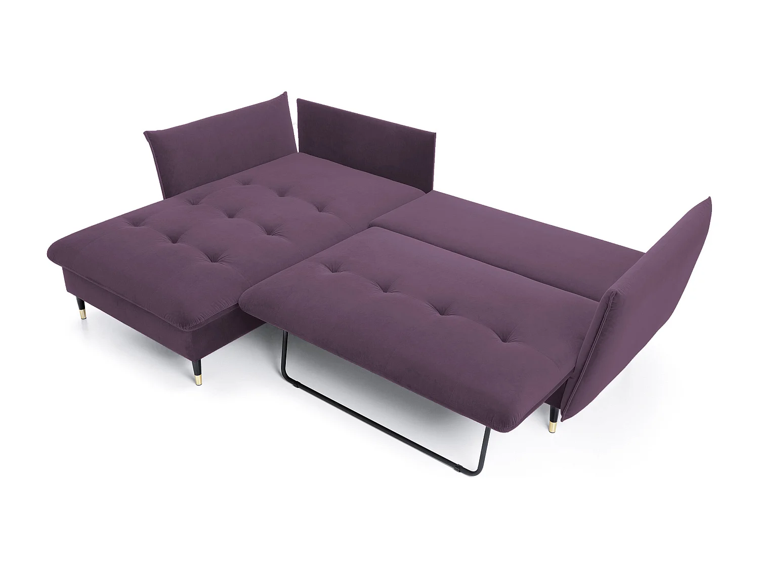 Canapé d'angle GLAM convertible, ottomane & pieds dorés – canapé en velours style glamour avec coussins déco, 258x167x91 cm, côté gauche LILA