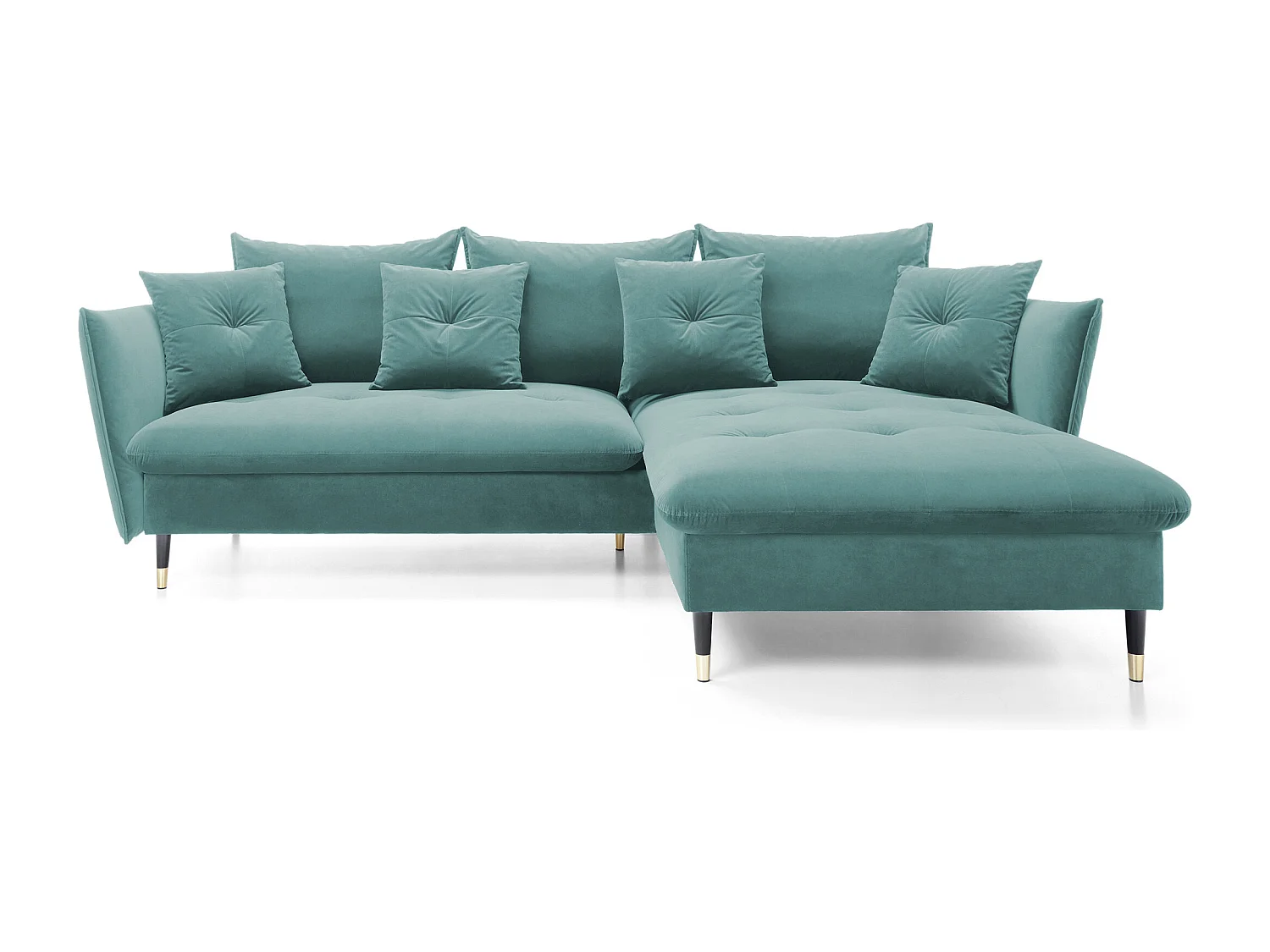 Canapé d'angle GLAM convertible, ottomane & pieds dorés – canapé en velours style glamour avec coussins déco, 258x167x91 cm, côté droit MENTHE