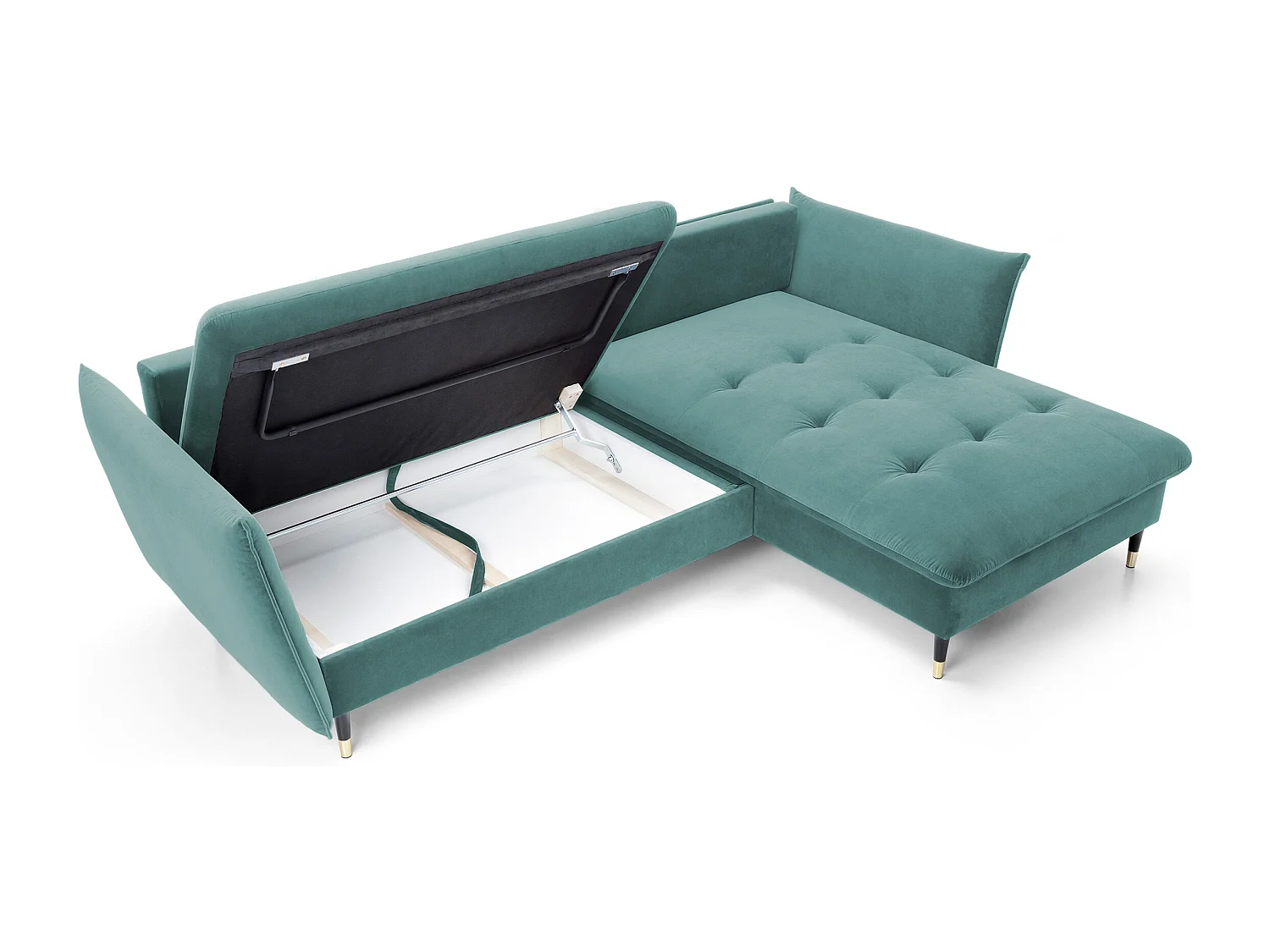 Canapé d'angle GLAM convertible, ottomane & pieds dorés – canapé en velours style glamour avec coussins déco, 258x167x91 cm, côté droit MENTHE