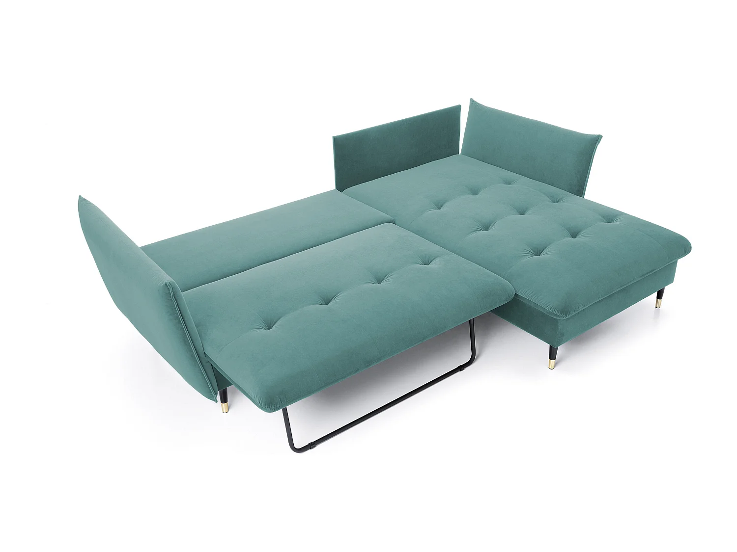 Canapé d'angle GLAM convertible, ottomane & pieds dorés – canapé en velours style glamour avec coussins déco, 258x167x91 cm, côté droit MENTHE