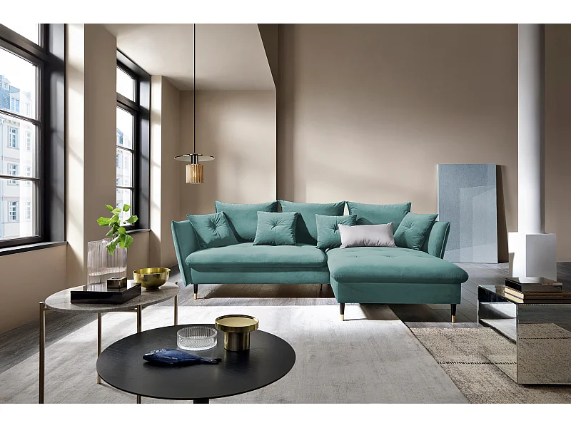 Hoekbank GLAM met slaapfunctie, ottomane & gouden poten – fluwelen bank in glamstijl met sierkussens, 258x167x91cm, Rechterkant MUNT