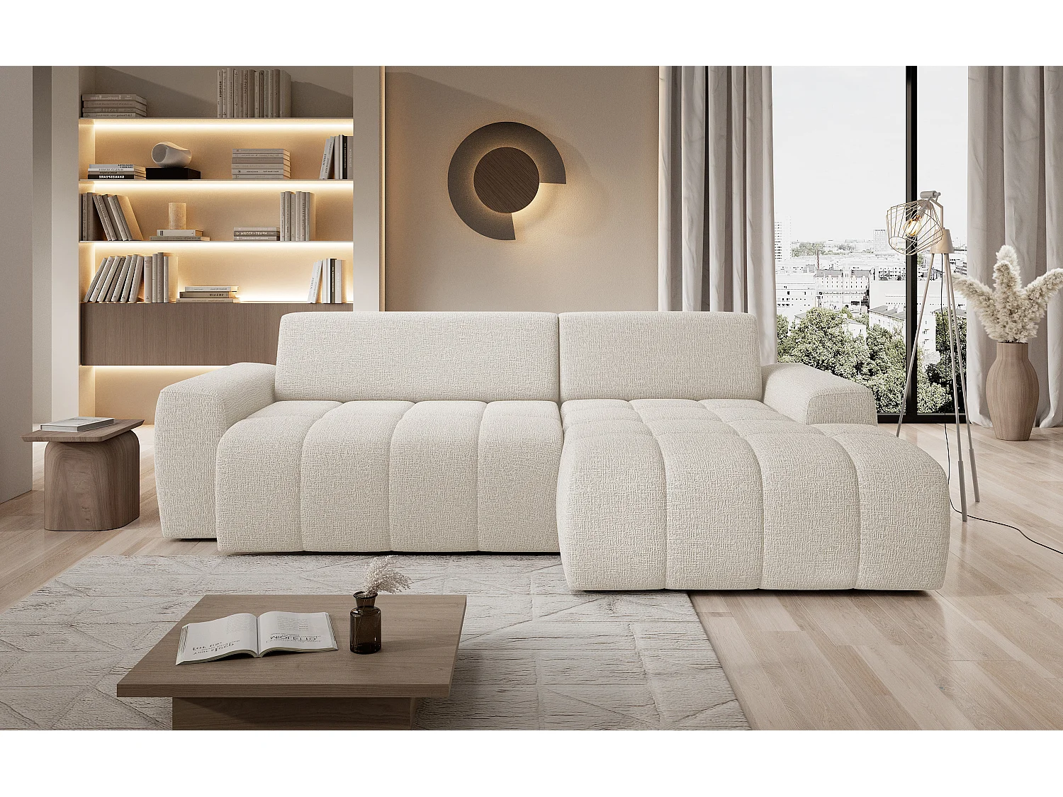 Canapé d'angle Savio indépendant, tissu Kansas résistant, dim. 265x172x81cm, couchage 206x92cm, côté droit, beige clair