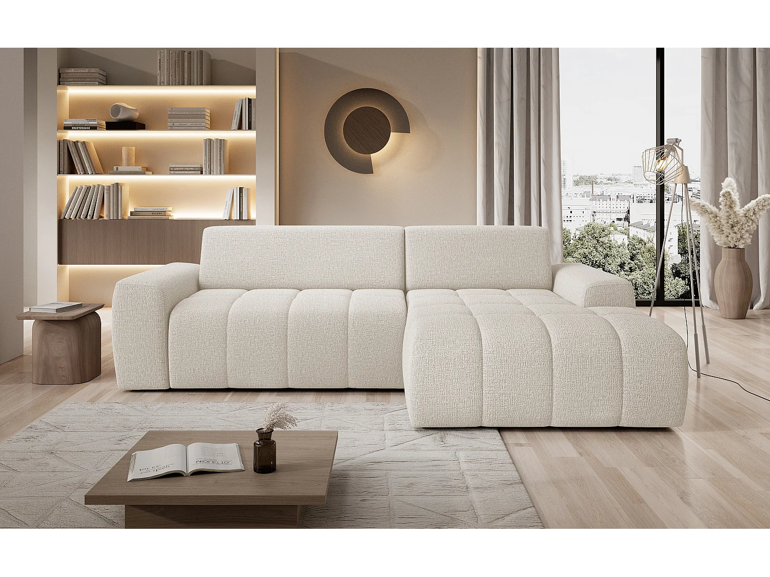 Canapé d'angle Savio indépendant, tissu Kansas résistant, dim. 265x172x81cm, couchage 206x92cm, côté droit, beige clair