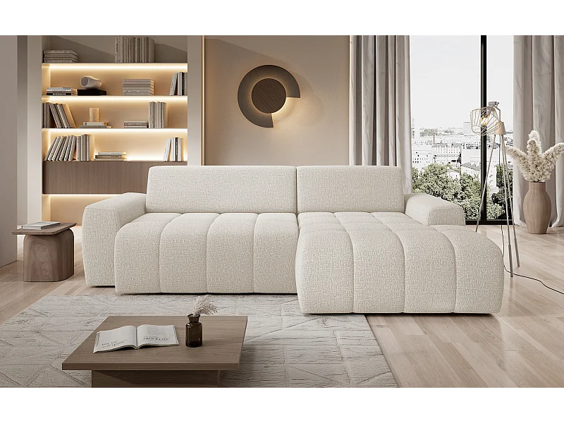 Canapé d'angle Savio indépendant, tissu Kansas résistant, dim. 265x172x81cm, couchage 206x92cm, côté droit, beige clair