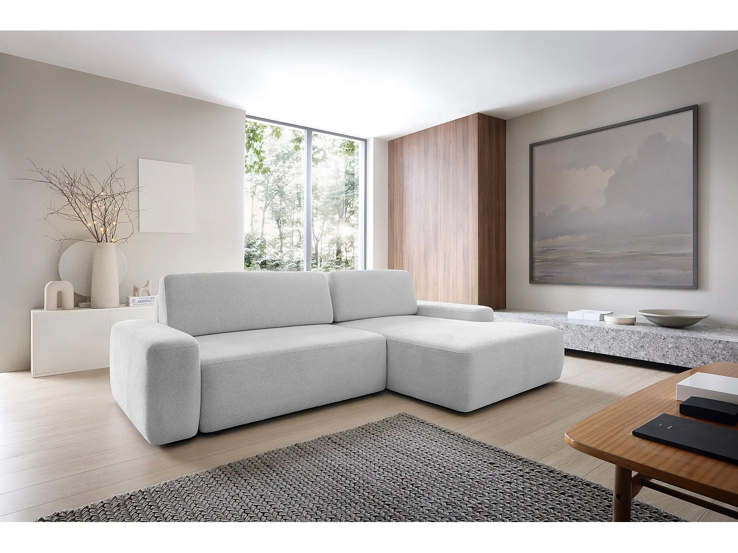 Canapé d’angle BOULI 4 places Raven, couchage 130x210cm, coffre, 264x162x82cm, droite gris clair