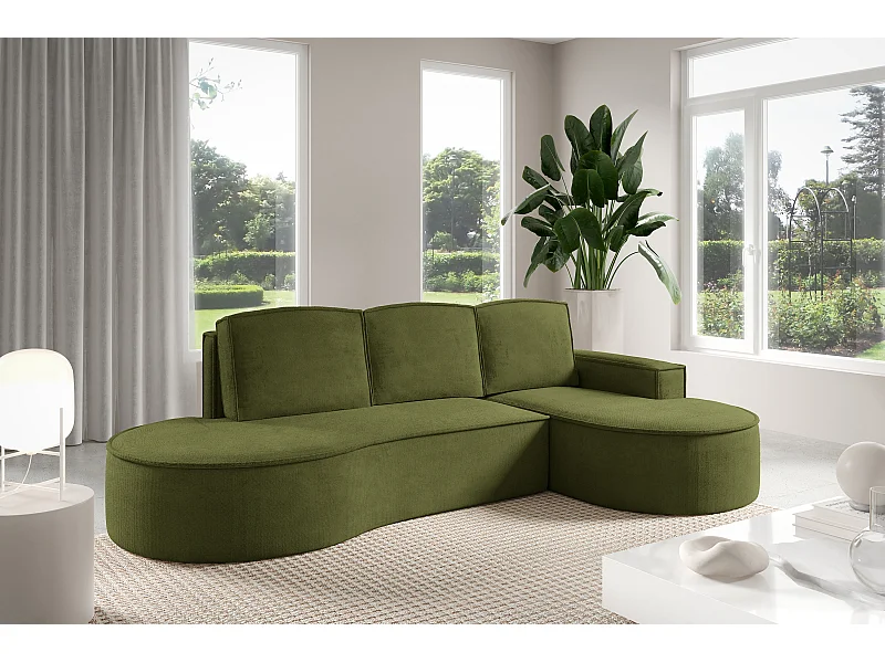 Canapé d'angle MOLLY avec couchage - Design arrondi, autoportant, 140x207 cm, 3 coussins, tissu Curio, 277x157x88 cm, côté droit vert