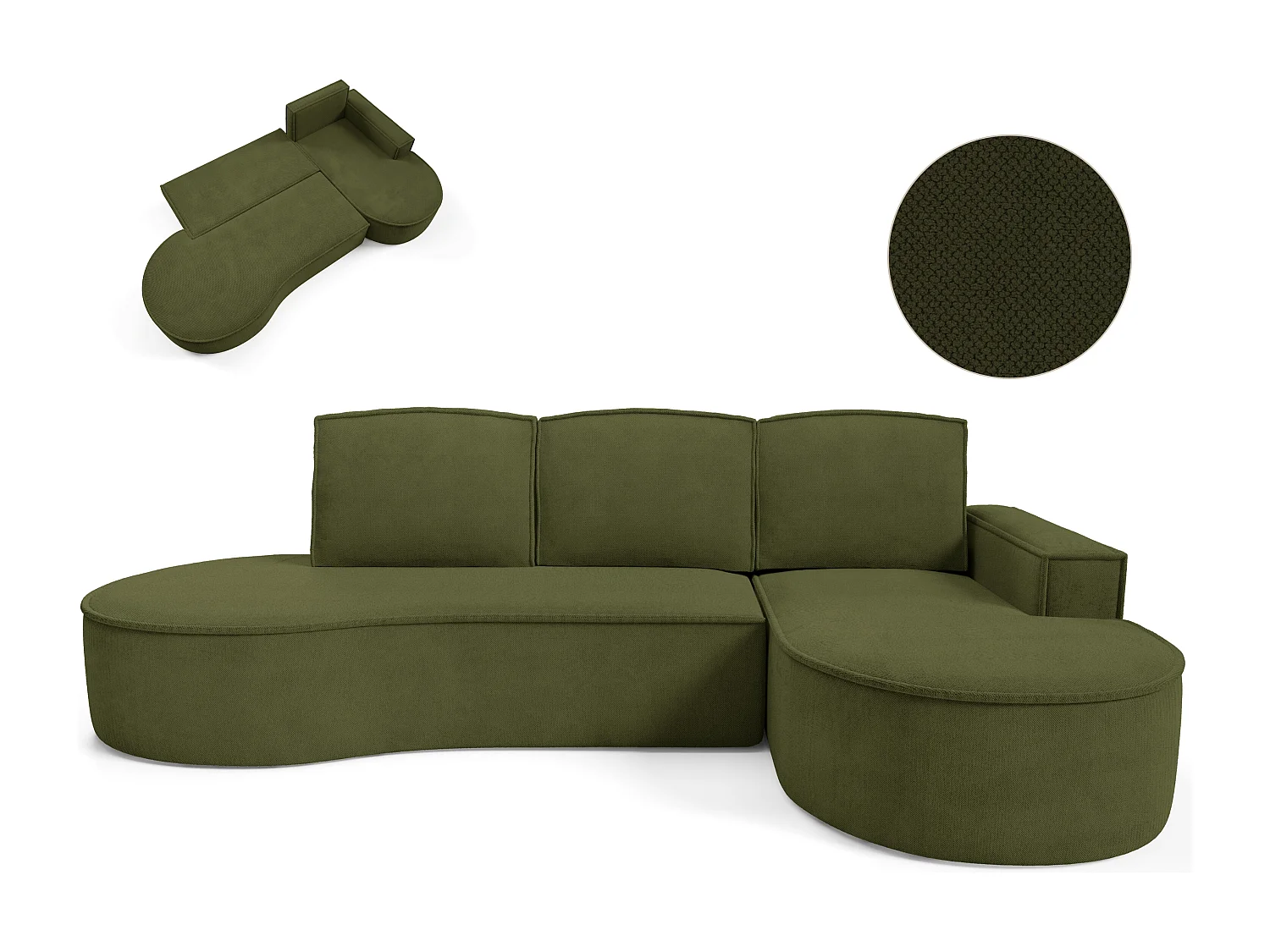 Canapé d'angle MOLLY avec couchage - Design arrondi, autoportant, 140x207 cm, 3 coussins, tissu Curio, 277x157x88 cm, côté droit vert