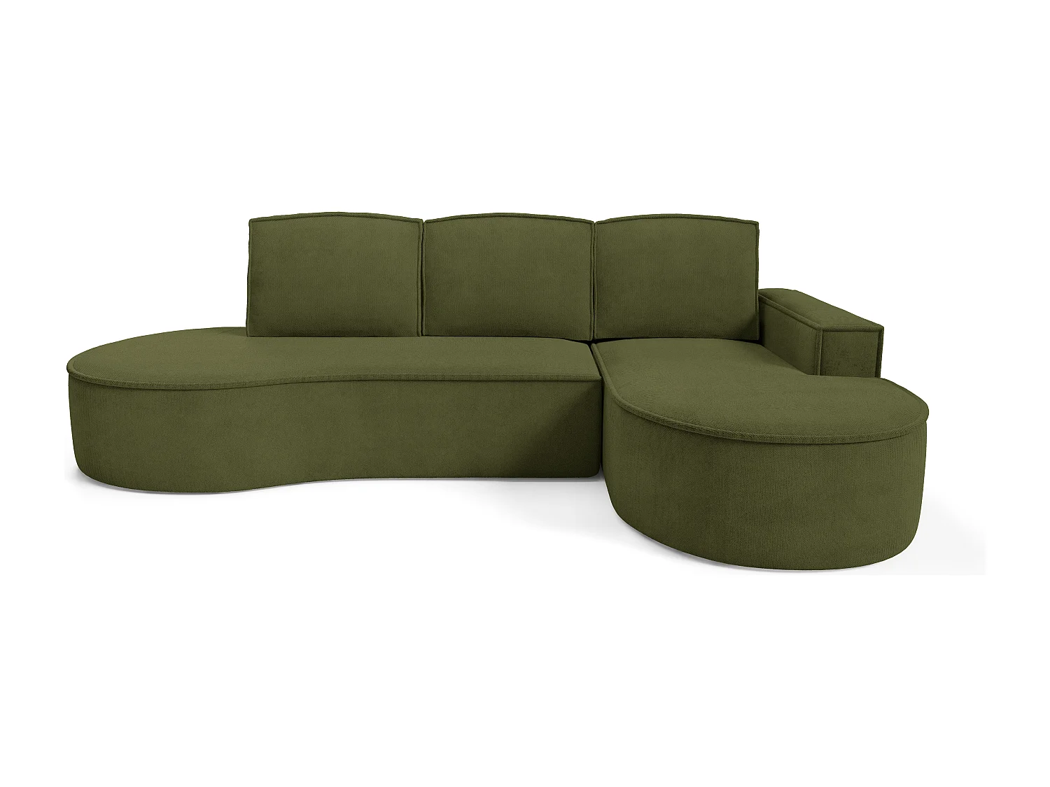 Canapé d'angle MOLLY avec couchage - Design arrondi, autoportant, 140x207 cm, 3 coussins, tissu Curio, 277x157x88 cm, côté droit vert