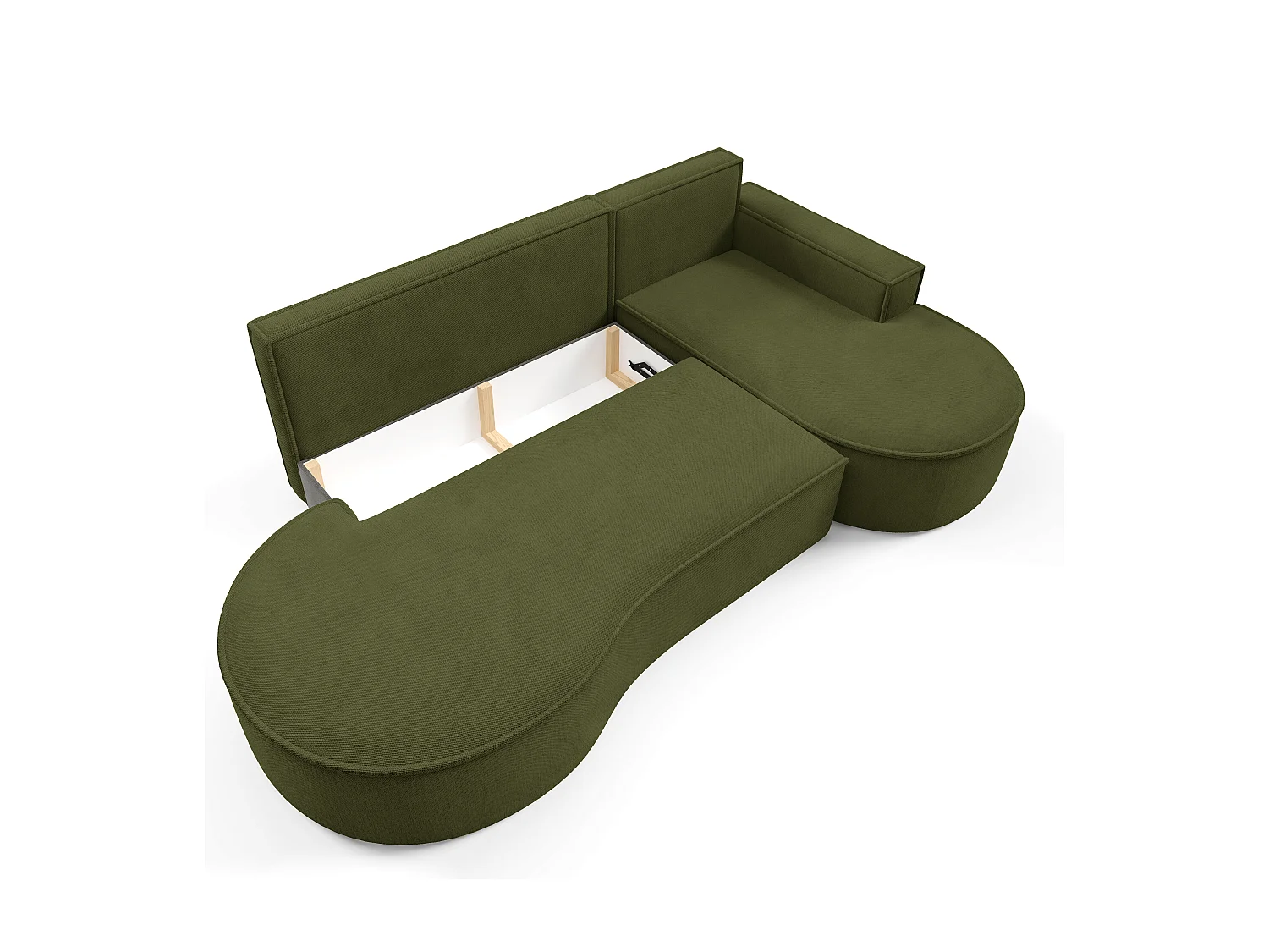 Canapé d'angle MOLLY avec couchage - Design arrondi, autoportant, 140x207 cm, 3 coussins, tissu Curio, 277x157x88 cm, côté droit vert