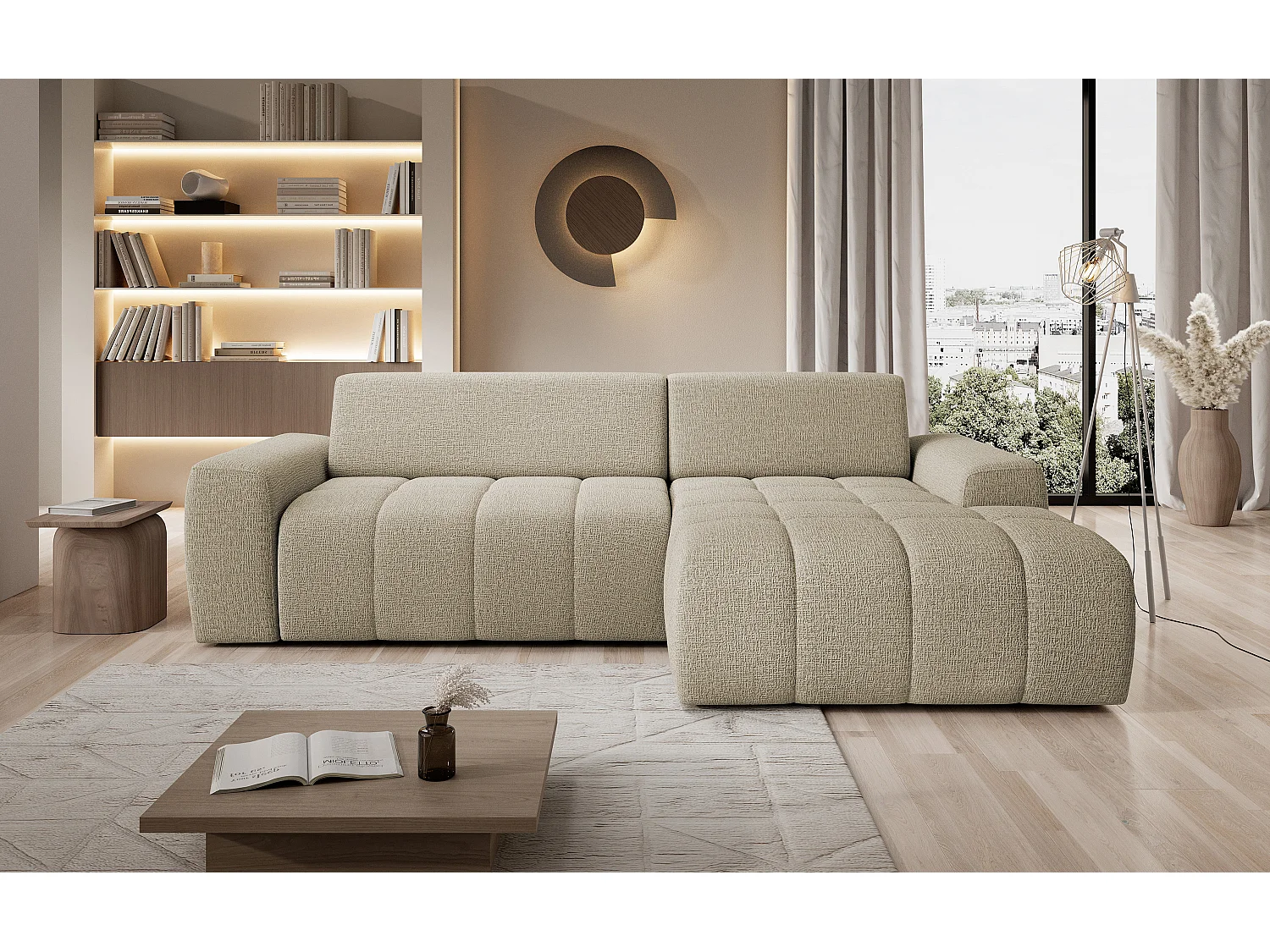 Hoekbank Savio Vrijstaand, Slijtvast Kansas-stof, Afm. 265x172x81cm, Uitschuifbaar Zitvlak 206x92cm, Rechterkant, Donkerbeige