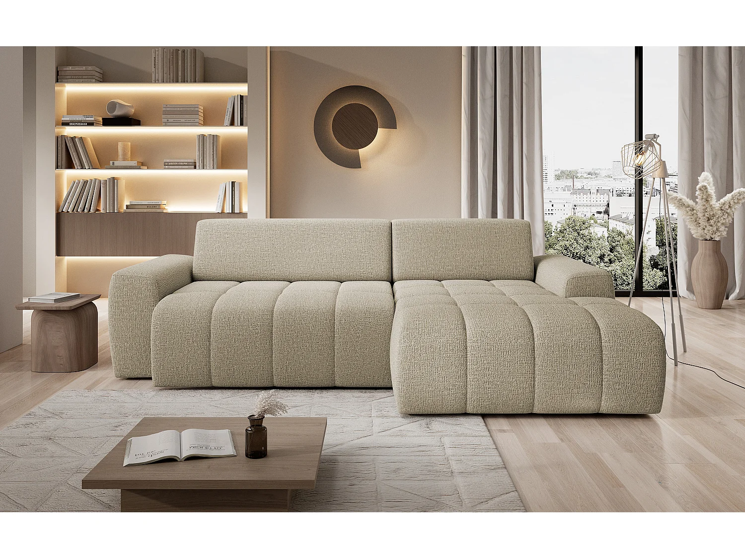 Canapé d'angle Savio indépendant, tissu Kansas résistant, dim. 265x172x81cm, couchage 206x92cm, côté droit, beige foncé